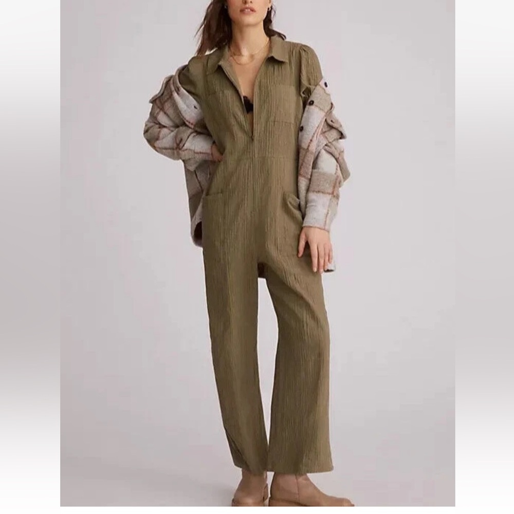 The Odells x Anthropologie Textured Half Zip 100% Cotton Jumpsuit Size 4